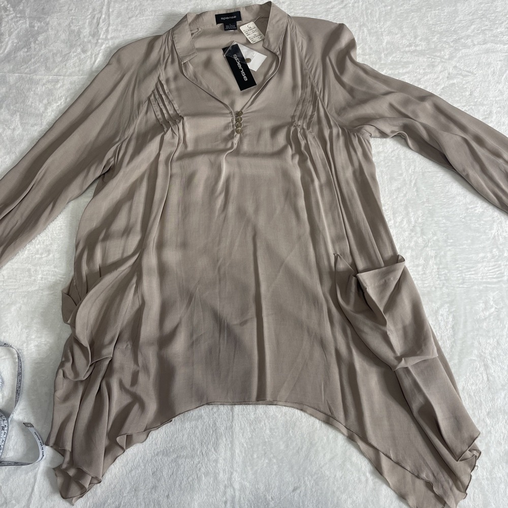 Spense Beige Large Top Front Pockets Button Sleeve Pleated Airy NWT 100% Viscose - Picture 3 of 12
